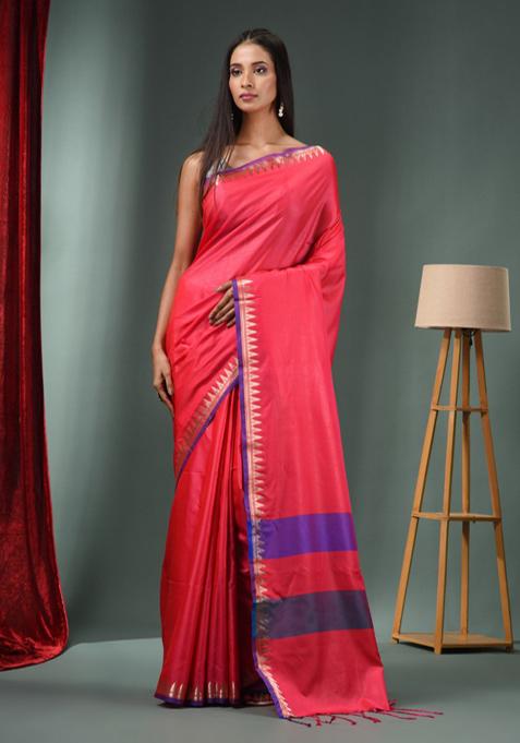 Hot Pink Zari Work Silk Blend Saree Set