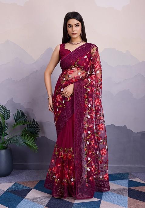 Maroon Embroidered Soft Net Saree Set