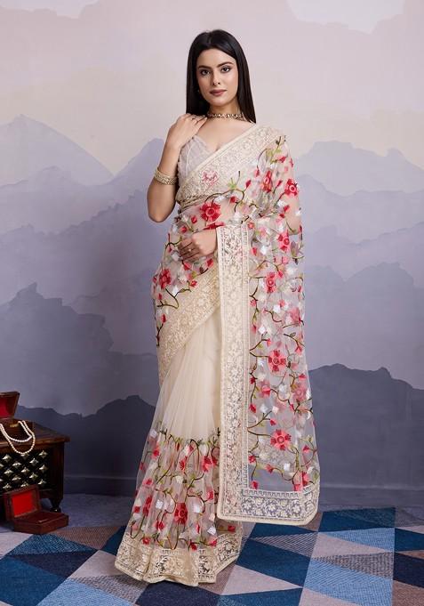 Beige Floral Embroidered Soft Net Saree Set