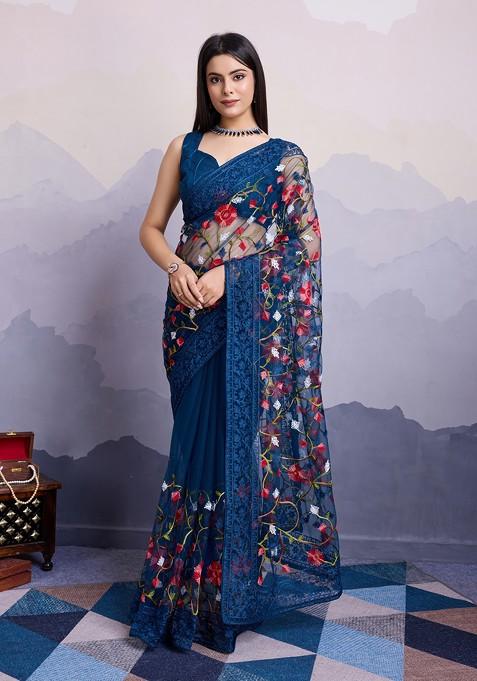 Blue Floral Embroidered Soft Net Saree Set