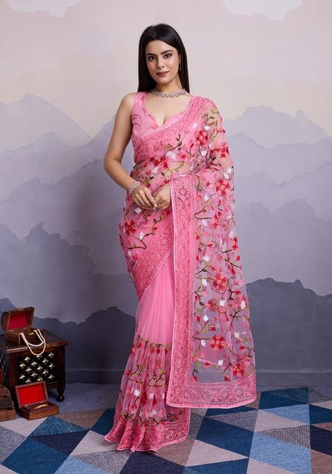 Pink Floral Embroidered Soft Net Saree Set