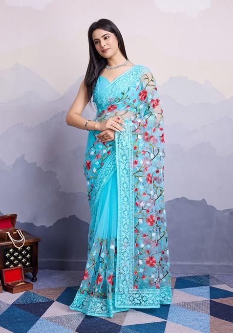 Light Blue Floral Embroidered Soft Net Saree Set