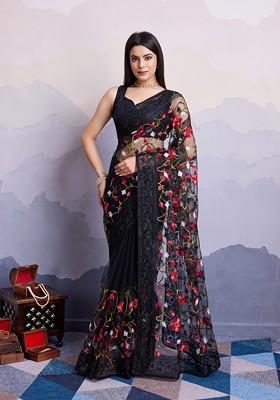 Black Floral Embroidered Soft Net Saree Set