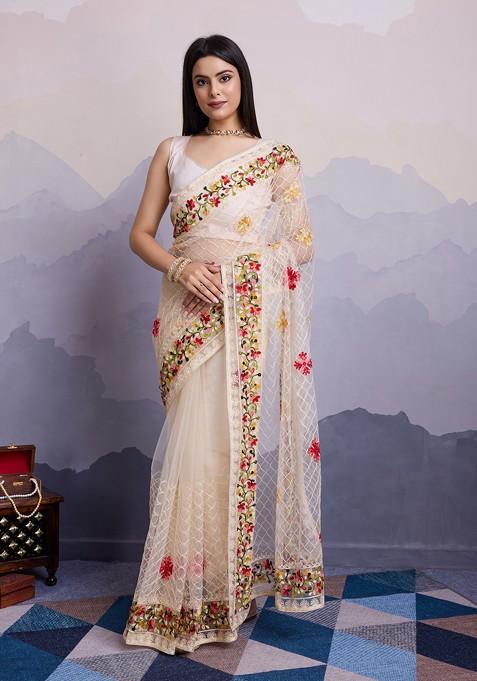 Beige Embroidered Soft Net Saree Set