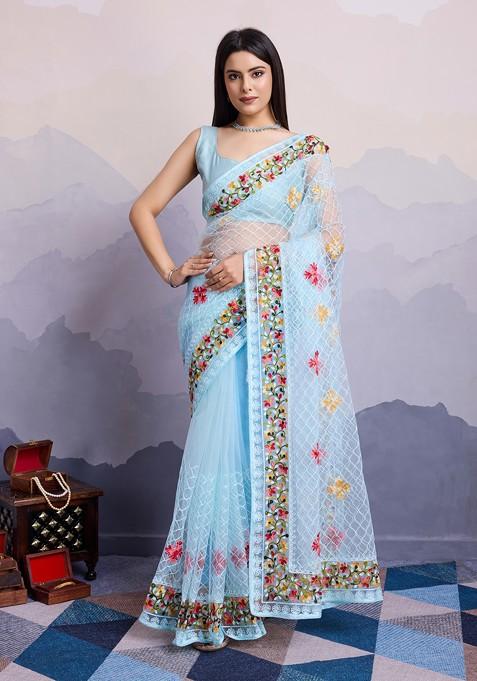 Light Blue Embroidered Soft Net Saree Set