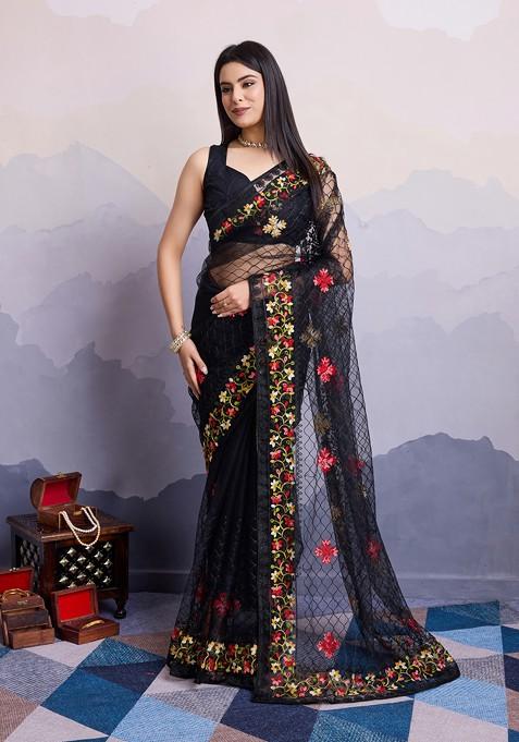 Black Embroidered Soft Net Saree Set