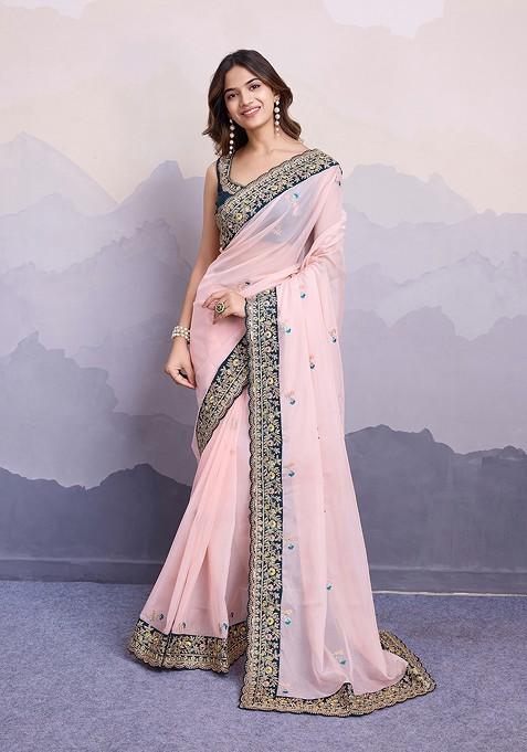 Light Pink Embroidered Organza Silk Saree Set