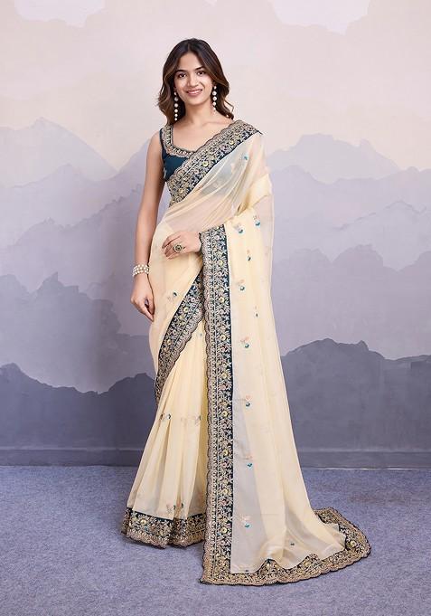 Beige Embroidered Organza Silk Saree Set