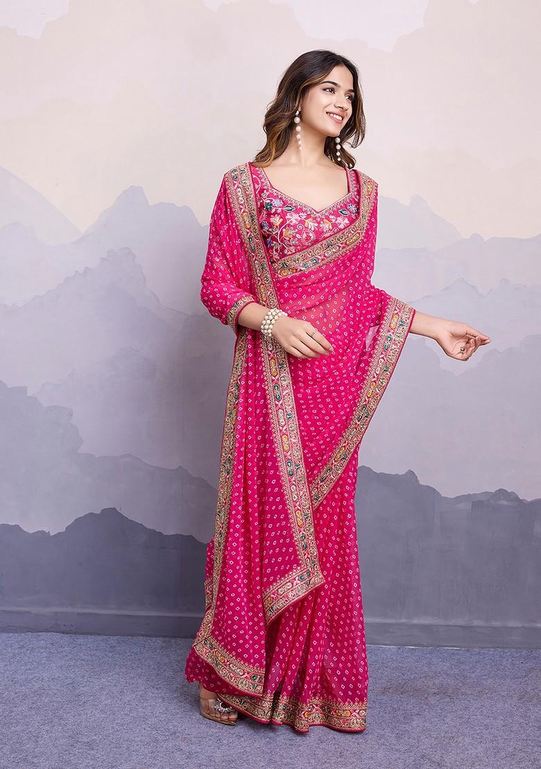 Pink Printed Floral Embroidered Georgette Saree Set