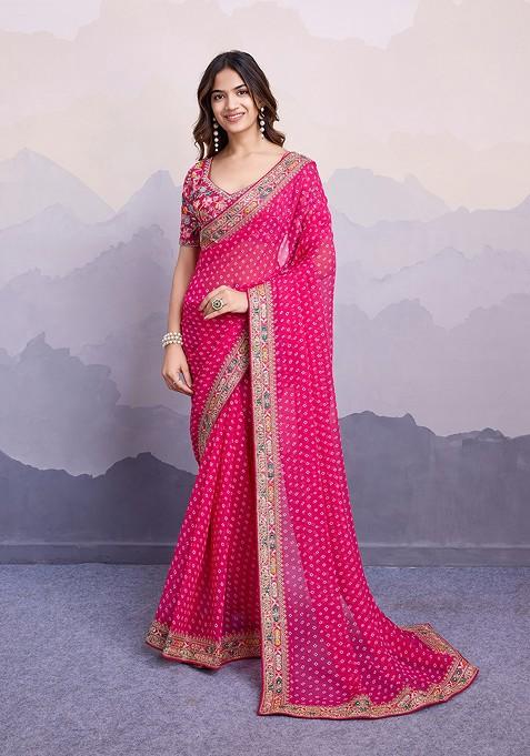 Pink Printed Floral Embroidered Georgette Saree Set