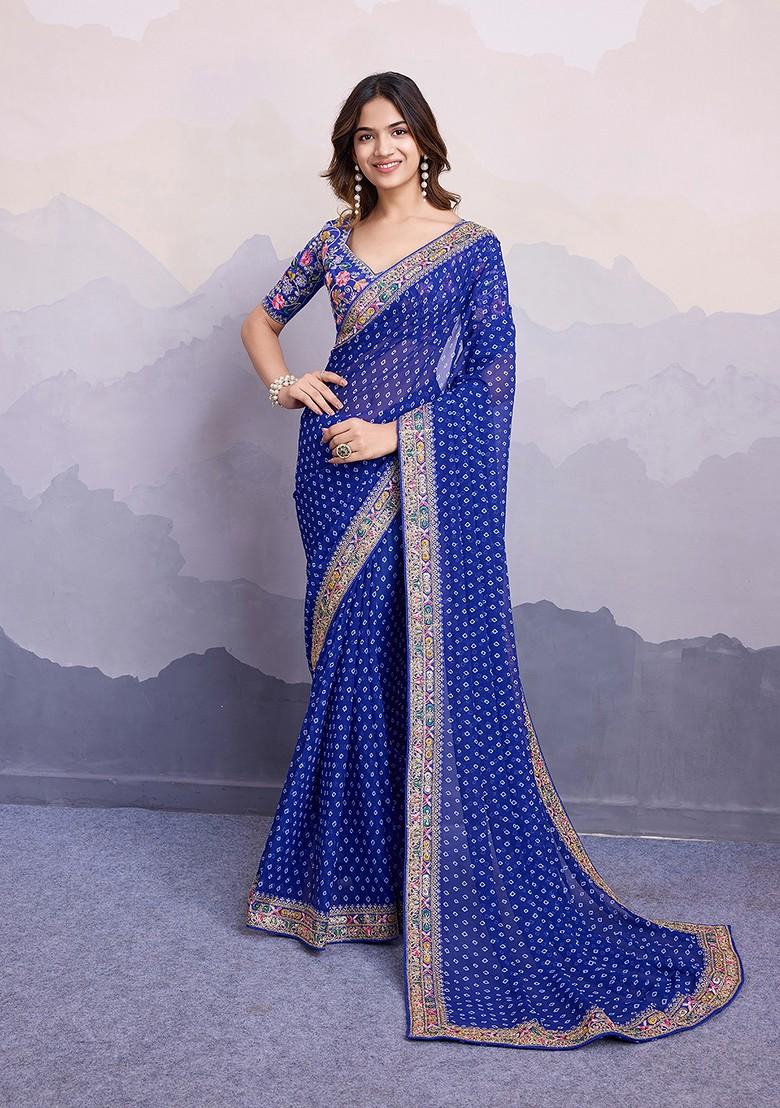 Blue Durga puja Special Georgette Digital Printed Wedding Wear Saree Designer Embroidered outlets Fabric Craft Sari Women With Running Blouse Pce