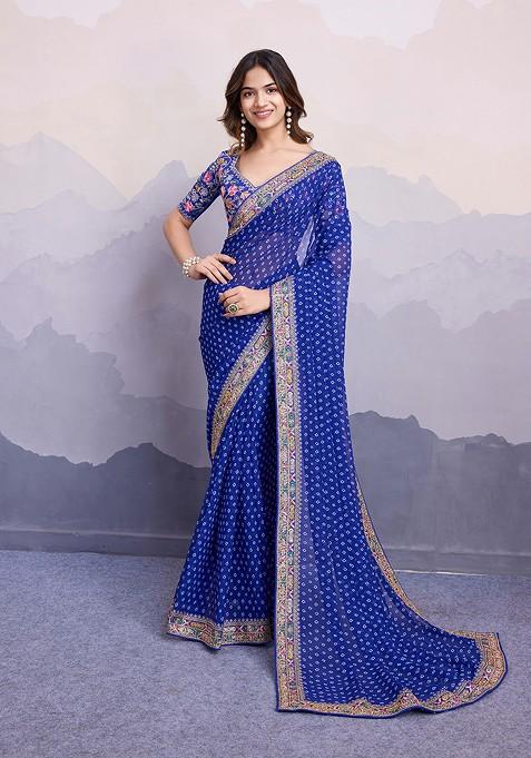 Blue Printed Floral Embroidered Georgette Saree Set