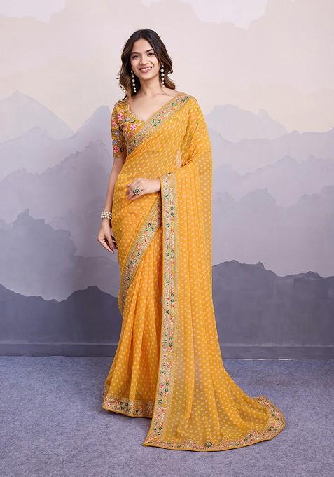 Yellow Printed Floral Embroidered Georgette Saree Set