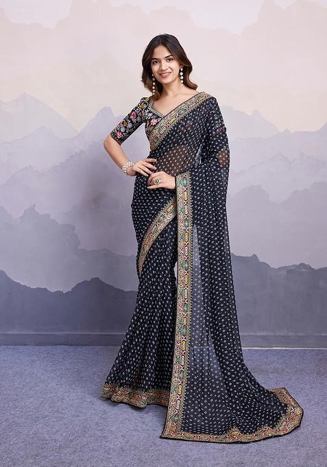 Black Printed Floral Embroidered Georgette Saree Set