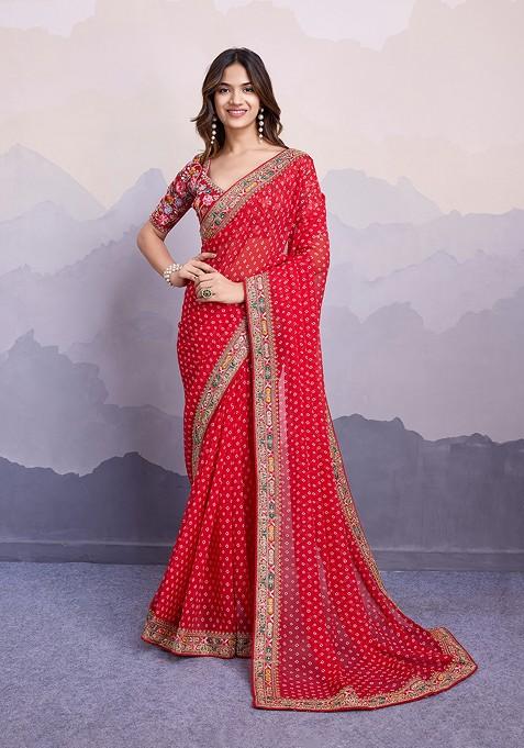 Red Printed Floral Embroidered Georgette Saree Set