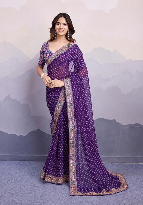 Purple Printed Floral Embroidered Georgette Saree Set