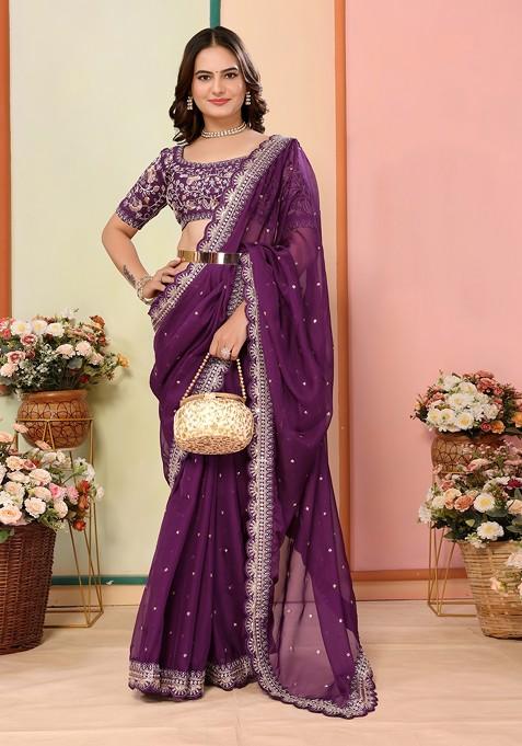 Purple Embroidered Organza Saree Set
