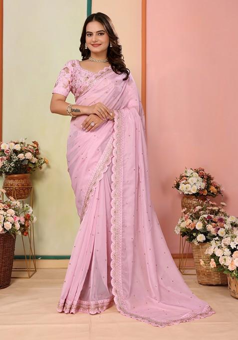 Light Pink Embroidered Organza Saree Set