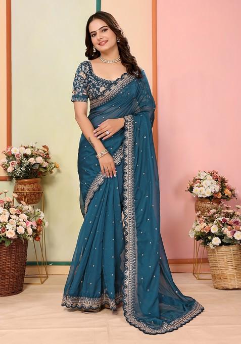 Teal Embroidered Organza Saree Set