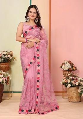 Pink Embroidered Net Saree Set