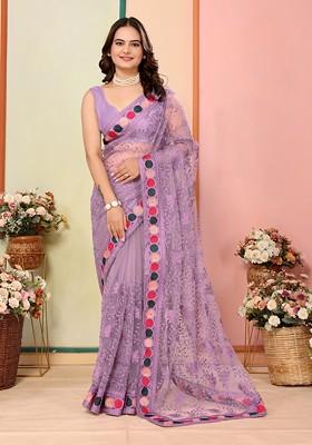 Lavender Embroidered Net Saree Set