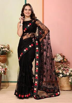 Black Embroidered Net Saree Set