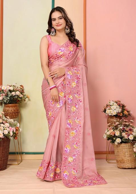 Peach Embroidered Organza Saree Set