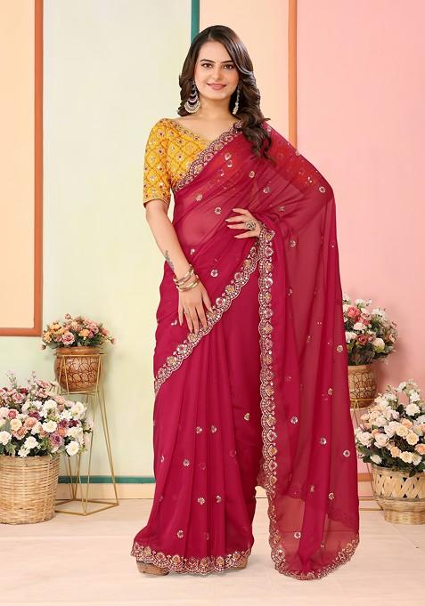 Maroon Embroidered Organza Saree Set