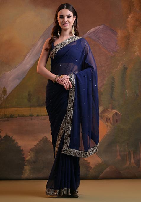 Blue Sequin Embroidered Heavy Georgette Saree Set