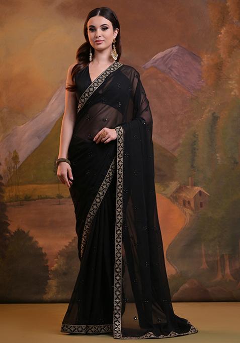 Black Sequin Embroidered Heavy Georgette Saree Set