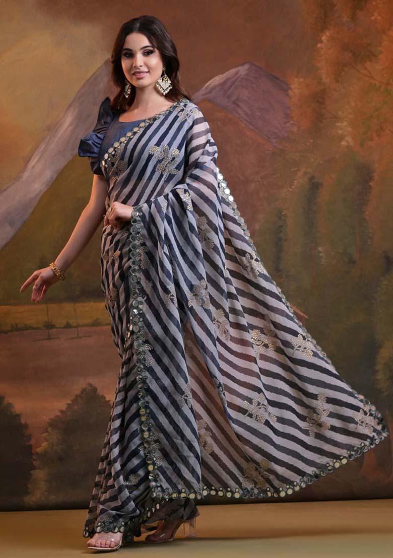 Blue Lehariya Print Georgette Saree Set - Indya