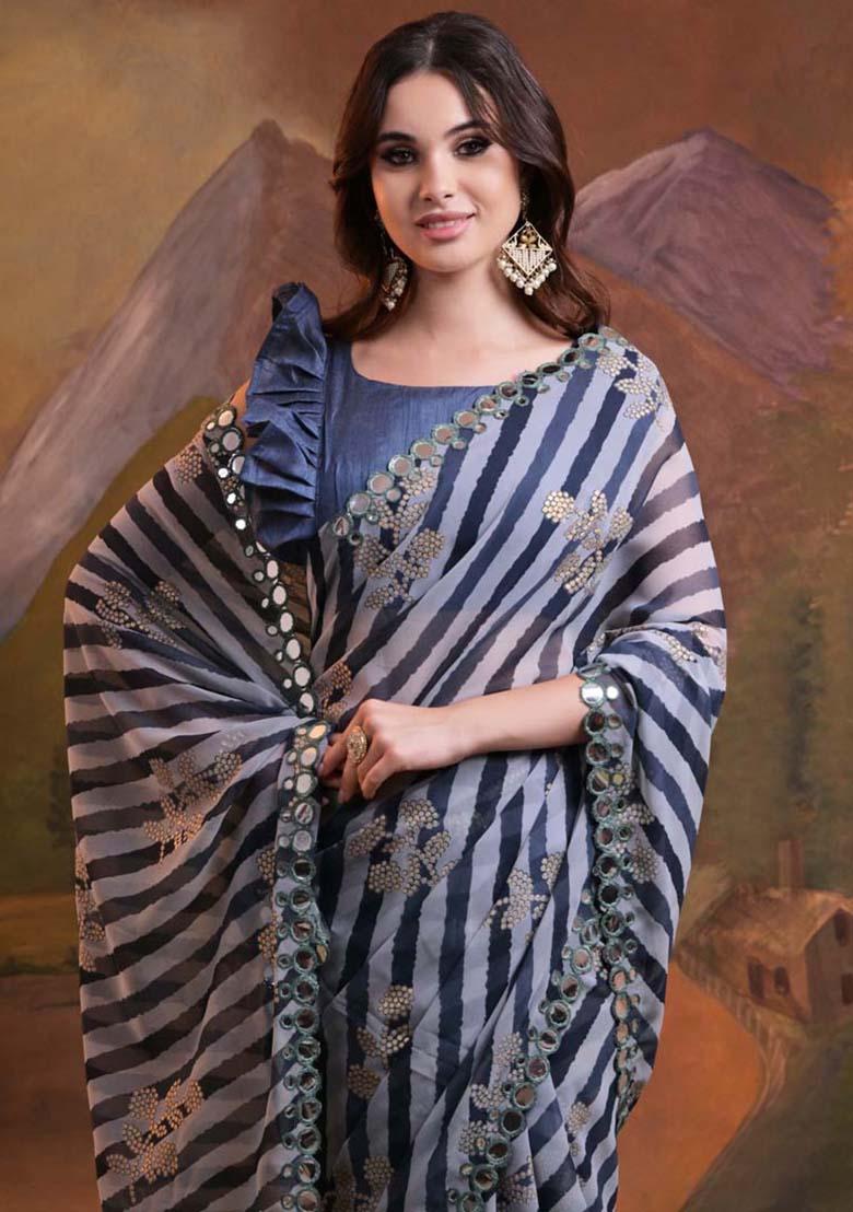 Blue Lehariya Print Georgette Saree Set - Indya
