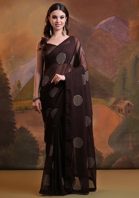 Brown Sequin Embroidered Heavy Georgette Saree Set