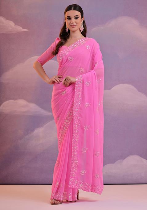 Light Pink And Grey Sequin Embroidered Soft Georgette Saree Set