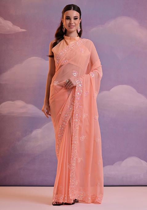 Light Peach And Grey Sequin Embroidered Soft Georgette Saree Set