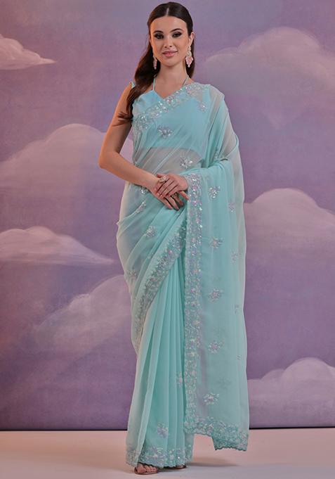 Sky Blue And Grey Sequin Embroidered Soft Georgette Saree Set