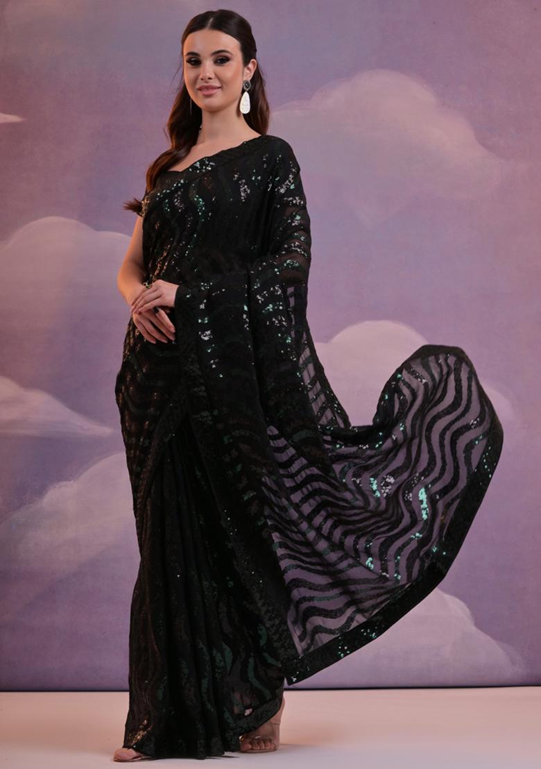 Black Lehariya Sequin Embroidered Soft Georgette Saree Set