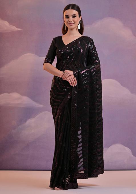 Black Lehariya Sequin Embroidered Soft Georgette Saree Set