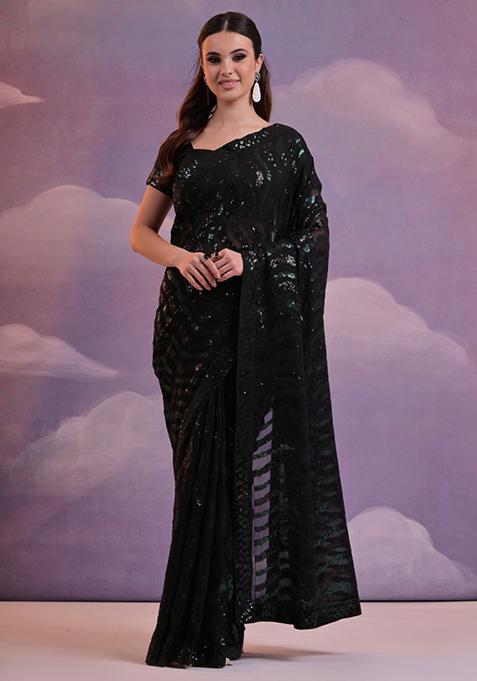 Black Sequin Embroidered Soft Georgette Saree Set