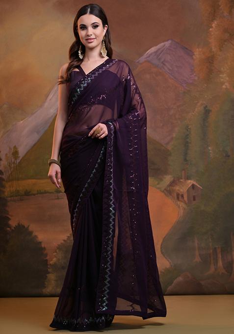 Wine Sequin Embroidered Soft Georgette Saree Set