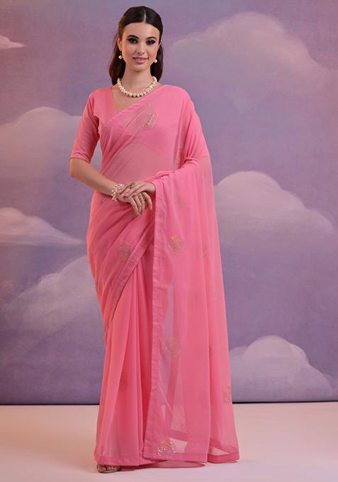 Pink Sequin Embroidered Soft Georgette Saree Set