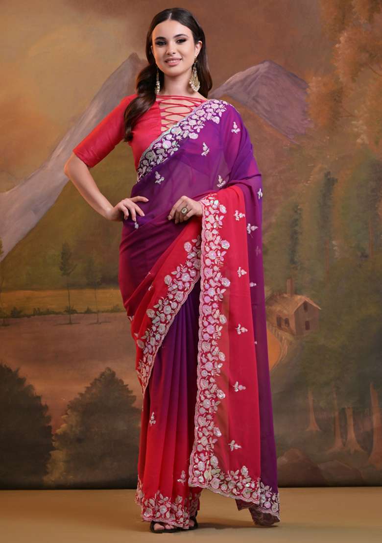 Purple Soft Georgette Saree Set with Embroidered & Sequin for Diwali | Wedding & Festive Wear - Indya