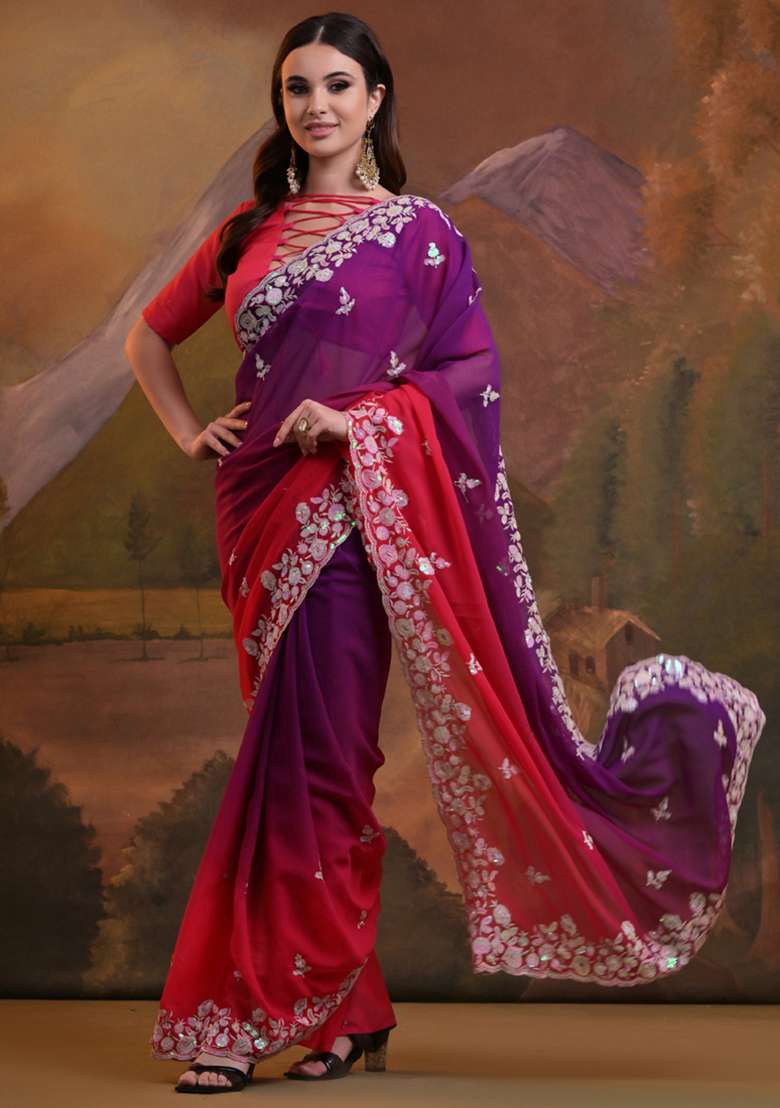 Purple Soft Georgette Saree Set with Embroidered & Sequin for Diwali | Wedding & Festive Wear - Indya