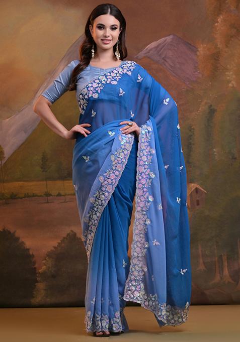 Royal Blue Sequin Embroidered Soft Georgette Saree Set