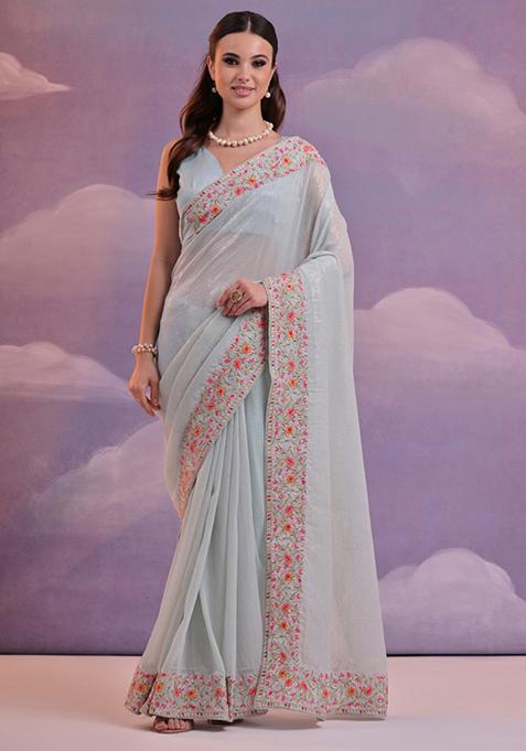 Light Grey Floral Sequin Embroidered Soft Georgette Saree Set