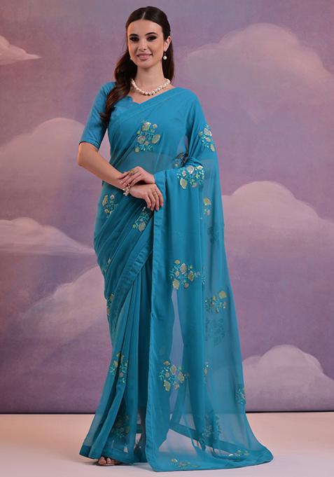 Blue Sequin Embroidered Soft Georgette Saree Set