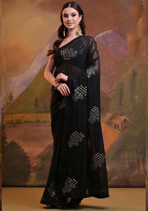 Black Sequin Embroidered Soft Georgette Saree Set