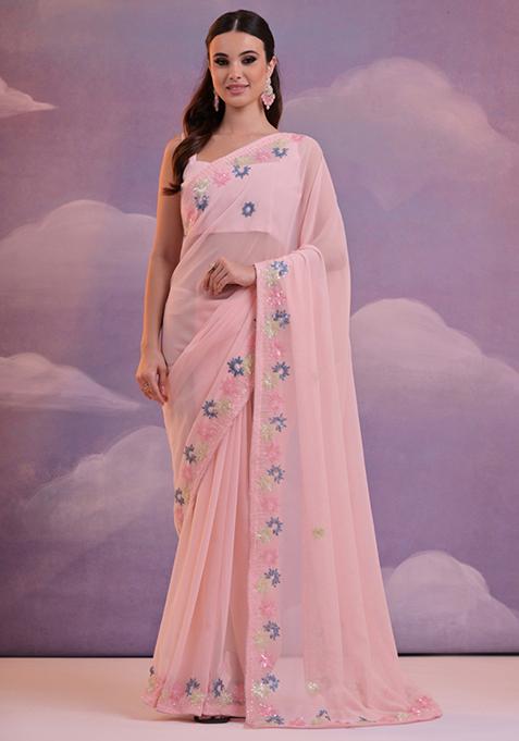 Light Pink Sequin Embroidered Soft Georgette Saree Set