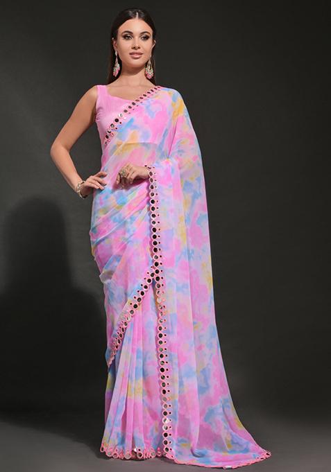 Light Pink Mirror Embroidered Georgette Saree Set