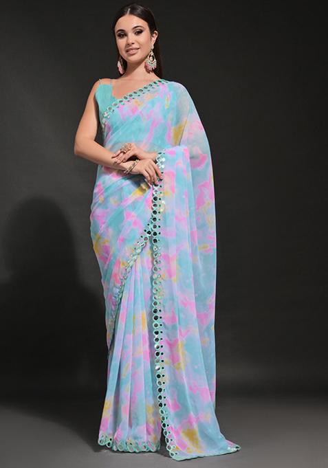 Light Blue Mirror Embroidered Georgette Saree Set